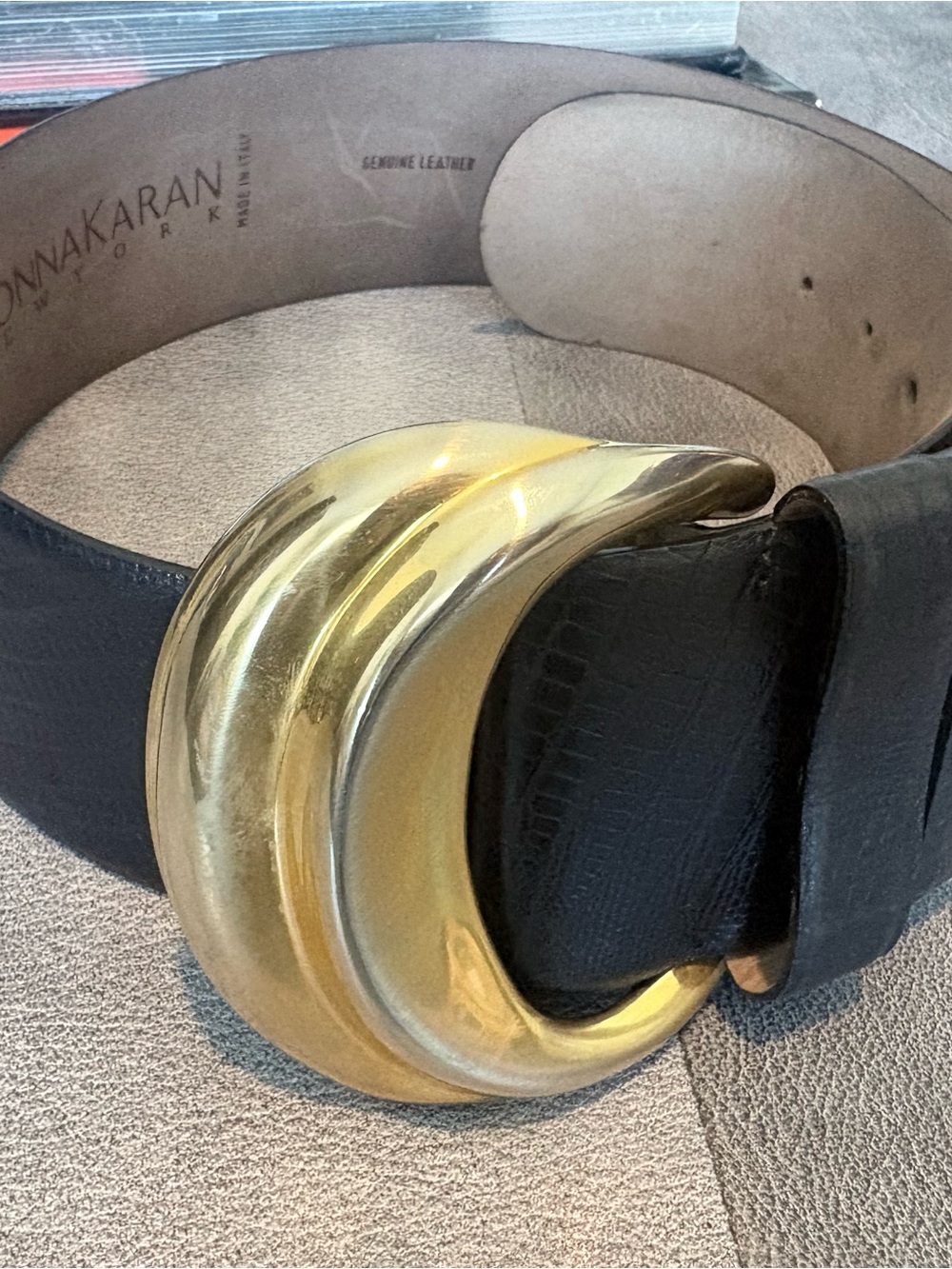 Donna Karan Black Leather Belt with Sculpted Gold Buckle